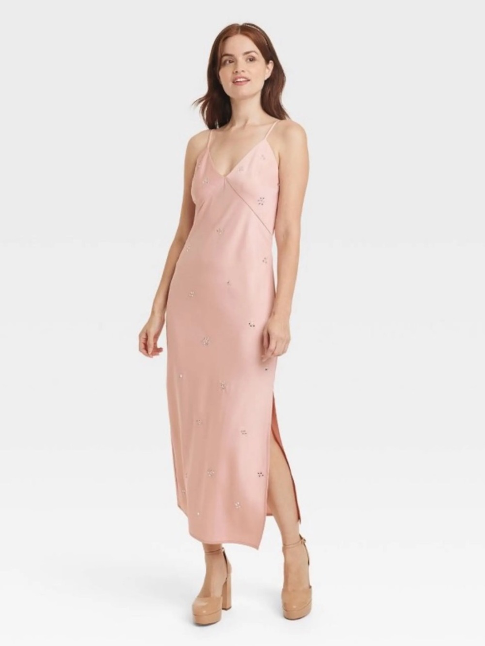 a new day | Midi Satin Slip Dress with Delicate Flower Embellishments